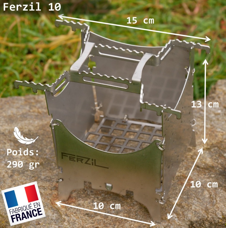 réchaud bois pliant Ferzil: 10 cm de côté et 13 cm de haut. poids léger de 290 gr. Support pour une popotte. en inox